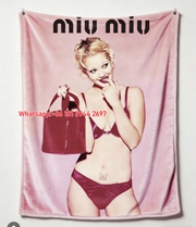 Miu Miu Pink & Burgundy Vintage 90s Lingerie & Handbag Printed Flannel Sofa Throw Blanket IMG_0460